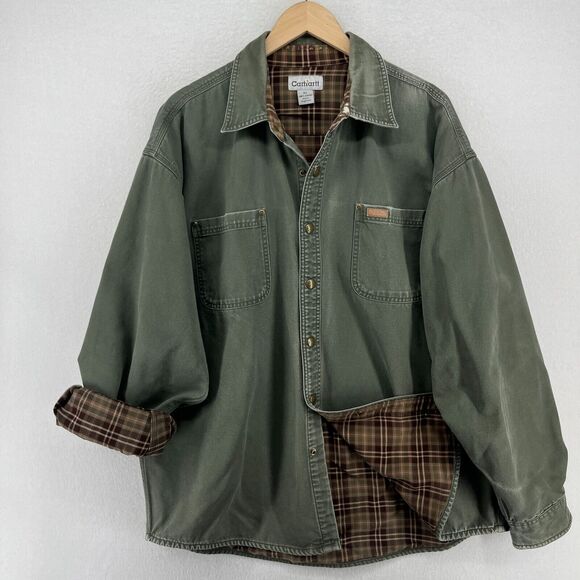 Carhartt Other - CARHARTT Shirt Mens XL Flannel Lined Canvas Snap Up Utility Jacket Cotton Green